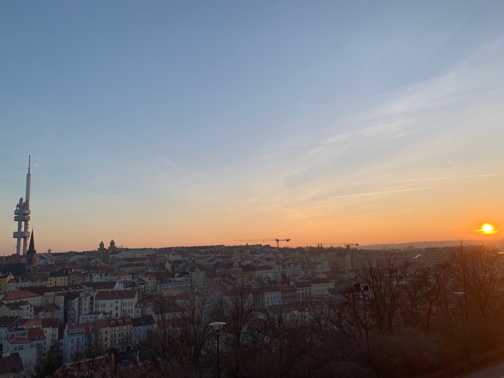 Zizkov, Prague featuring the TV tower and the sunset
